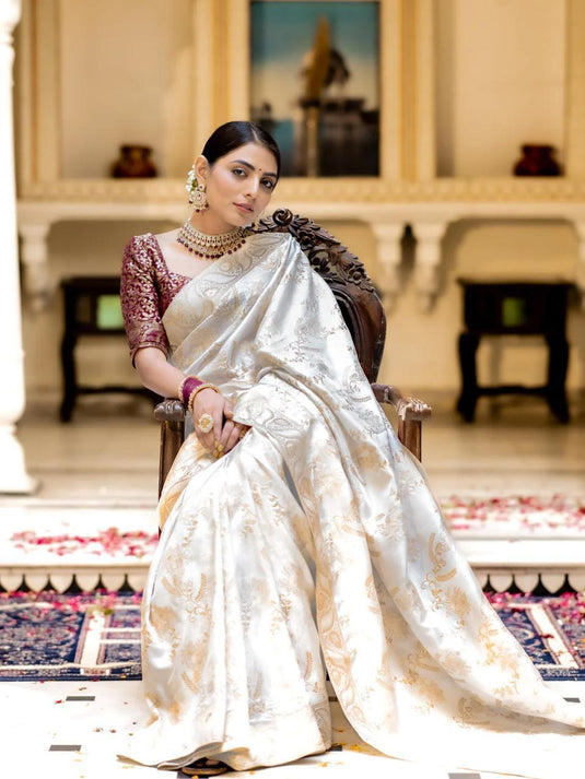 Off-White Banarasi Silk Traditional Saree