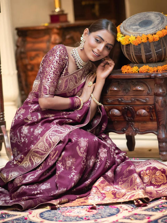 Wine Banarasi Silk Traditional Saree