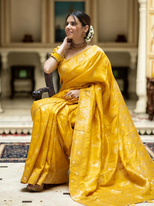 Mustard Yellow Banarasi Silk Traditional Saree