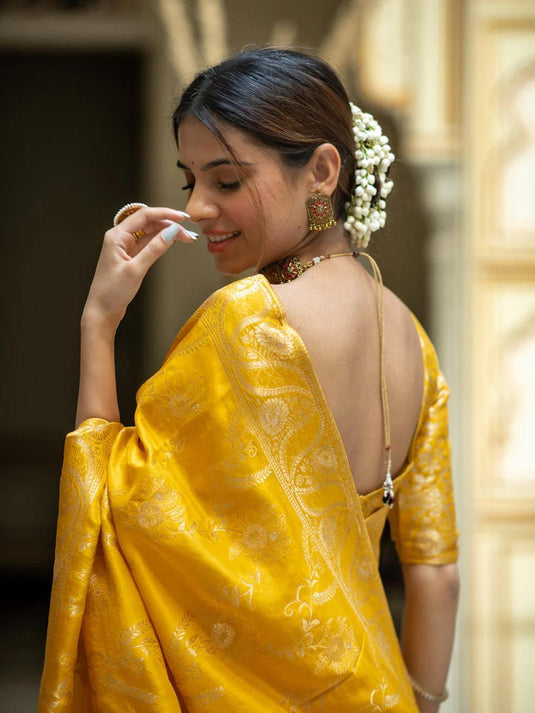 Mustard Yellow Banarasi Silk Traditional Saree