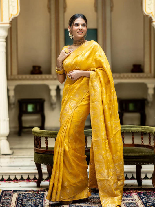 Mustard Yellow Banarasi Silk Traditional Saree