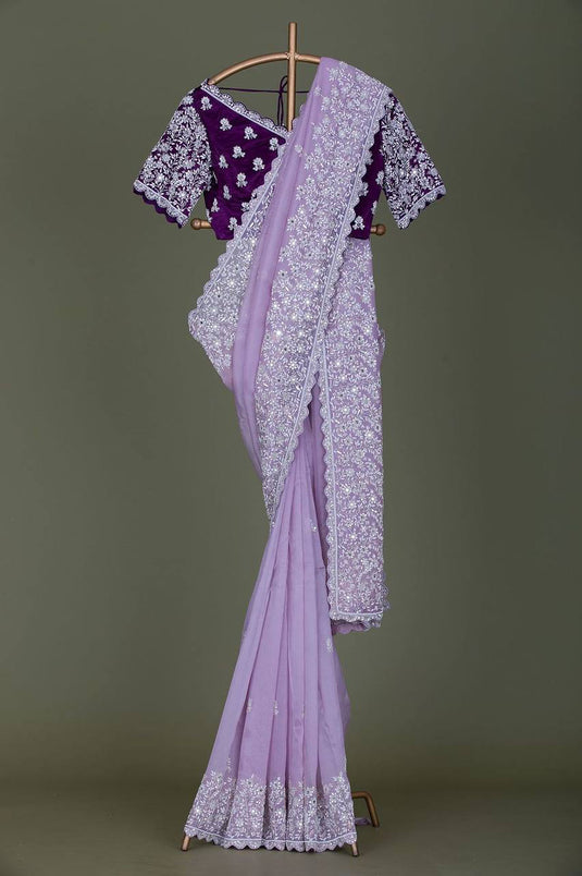 Lavender Classic Organza Silk Cut Work Saree