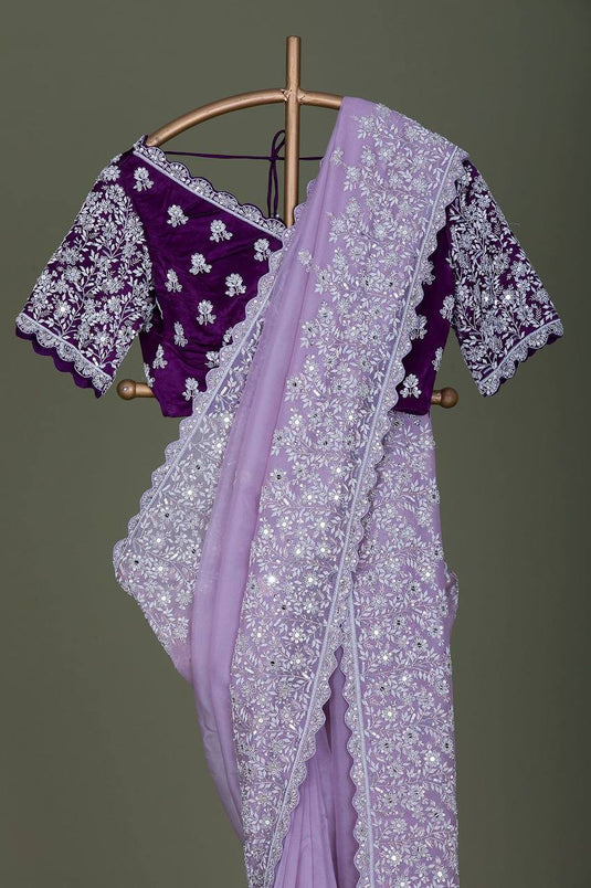 Lavender Classic Organza Silk Cut Work Saree