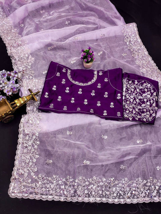 Lavender Classic Organza Silk Cut Work Saree