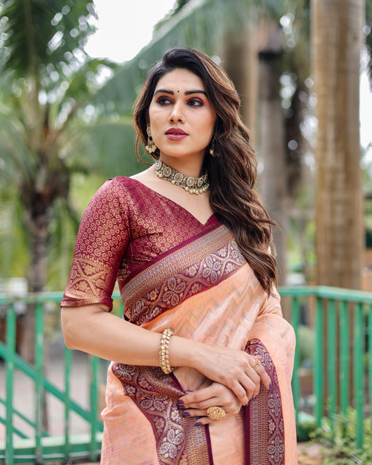 Peach Kanjivaram Silk Zari Weaving Traditional Saree