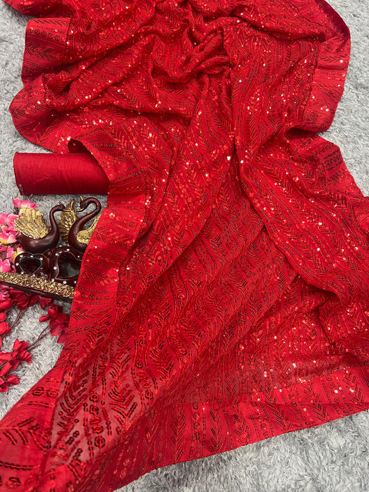 Red Latest Georgette Sequence Embroidered Party Wear Saree