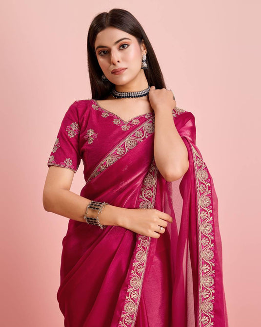 Dark Pink Burberry Silk Embroidered Cutwork Border Saree