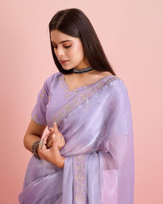 Lavender Burberry Silk Embroidered Cutwork Border Saree