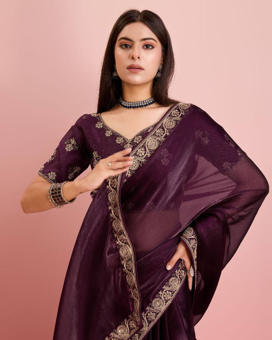 Violet Burberry Silk Embroidered Cutwork Border Saree