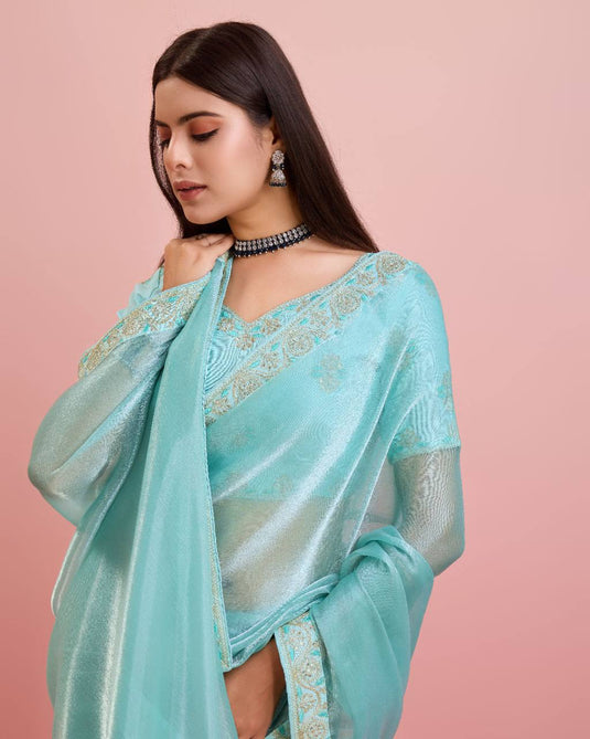 Sky Blue Burberry Silk Embroidered Cutwork Border Saree