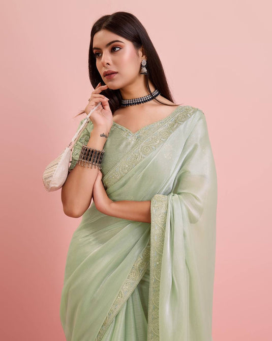 Mint Green Burberry Silk Embroidered Cutwork Border Saree