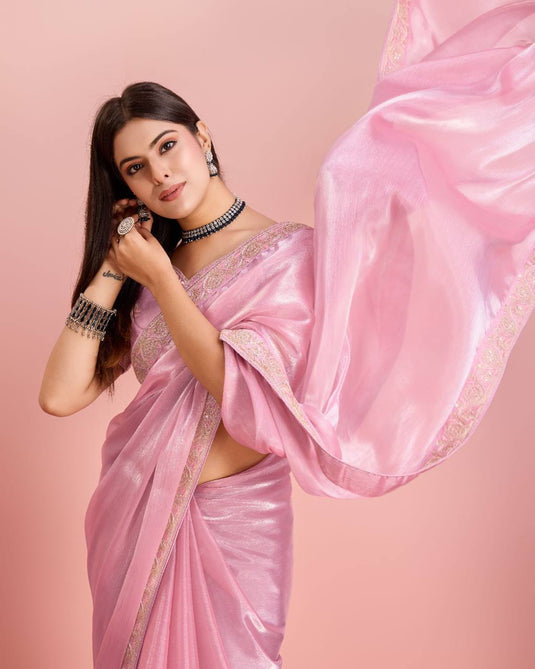 Light Pink Burberry Silk Embroidered Cutwork Border Saree