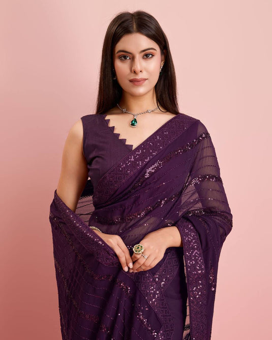 Purple Premium Soft Georgette Sequence Embroidered Work Saree