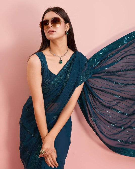 Teal Blue Premium Soft Georgette Sequence Embroidered Work Saree