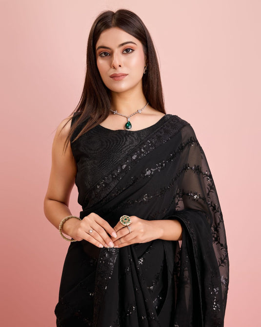 Black Latest Soft Georgette Sequence Embroidered Work Saree