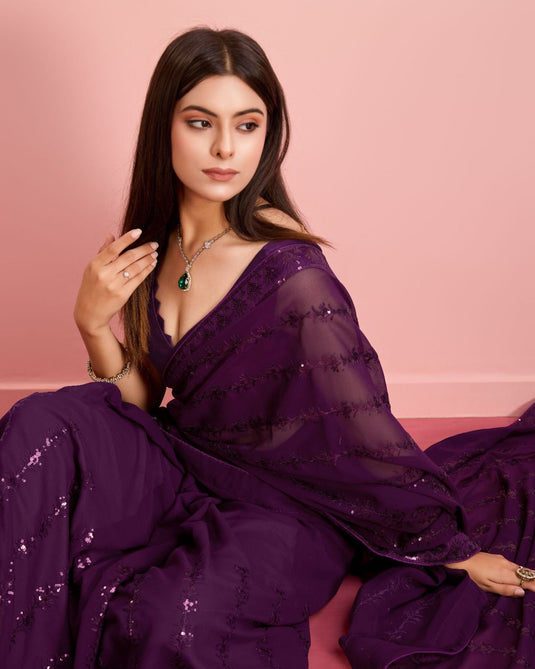 Purple Latest Soft Georgette Sequence Embroidered Work Saree