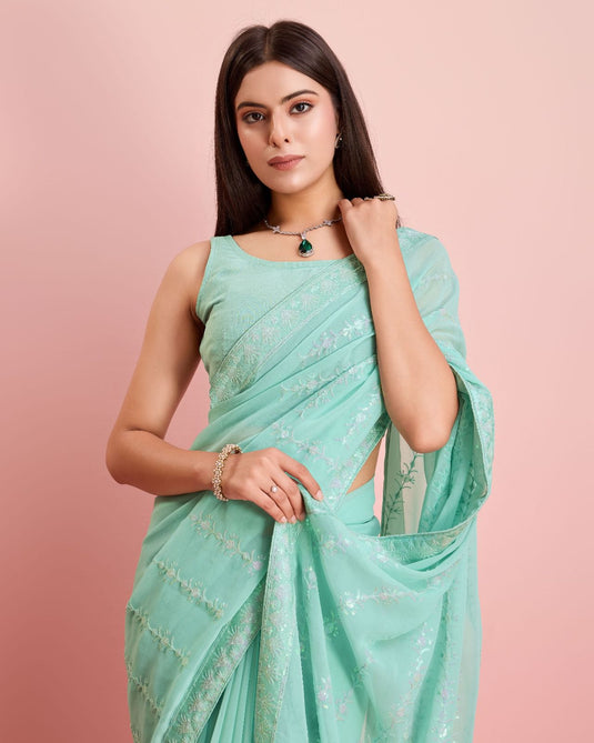 Sky Blue Latest Soft Georgette Sequence Embroidered Work Saree