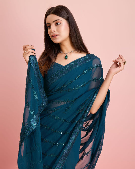 Teal Blue Latest Soft Georgette Sequence Embroidered Work Saree