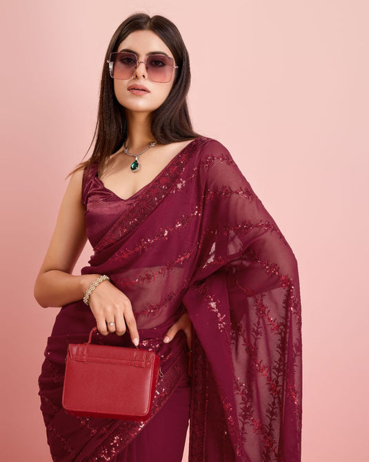 Maroon Latest Soft Georgette Sequence Embroidered Work Saree