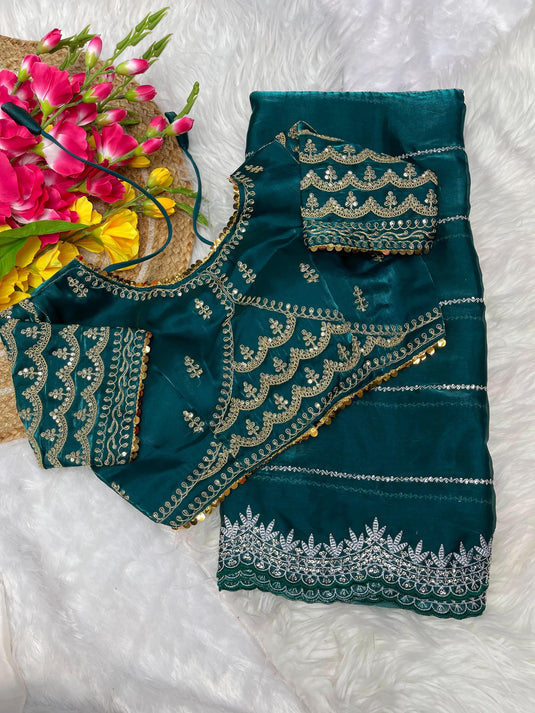 Teal Green Metallic Organza Sequence Embroidered Work Saree