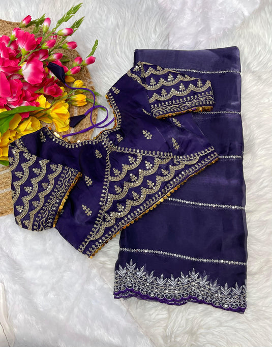 Purple Metallic Organza Sequence Embroidered Work Saree