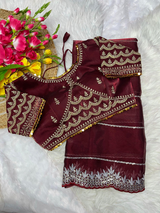 Maroon Metallic Organza Sequence Embroidered Work Saree