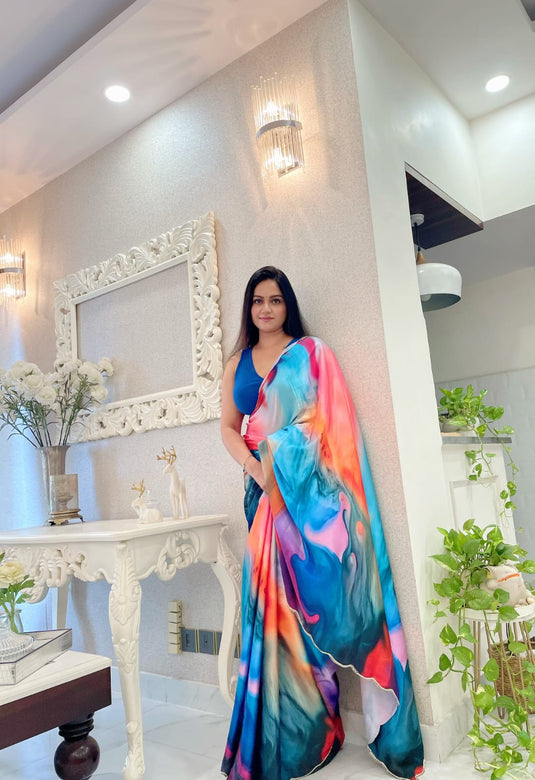 Multi-Color Soft Japan Silk Abstract Digital Printed Saree