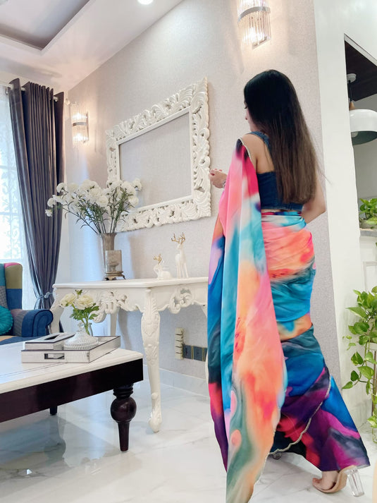 Multi-Color Soft Japan Silk Abstract Digital Printed Saree