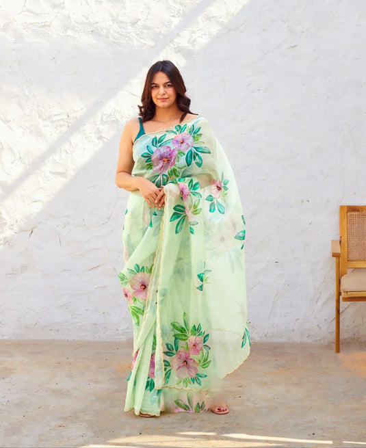 Mint Green Taby Organza Floral Print Hand Cutdana Work Saree