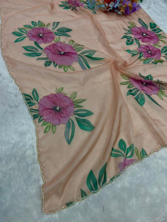 Peach Taby Organza Floral Print Hand Cutdana Work Saree