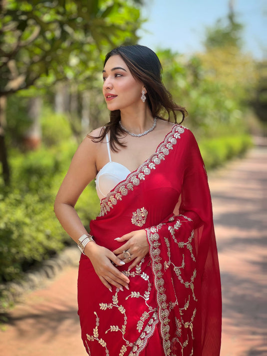 Red Soft Satin Chiffon Foil Thread Embroidered Work Saree