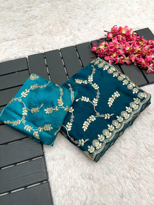 Teal Blue Soft Satin Chiffon Foil Thread Embroidered Work Saree