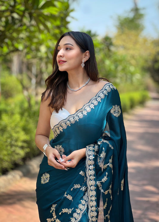 Teal Blue Soft Satin Chiffon Foil Thread Embroidered Work Saree