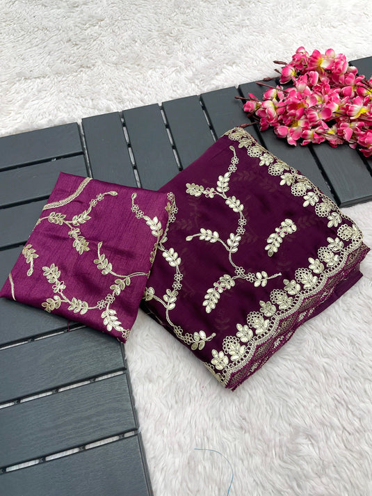 Wine Soft Satin Chiffon Foil Thread Embroidered Work Saree