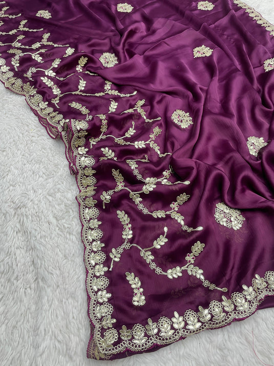 Wine Soft Satin Chiffon Foil Thread Embroidered Work Saree