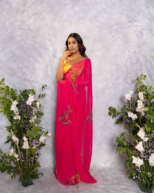 Pink Soft Georgette Silk Floral Digital Print Cutdana Work Saree