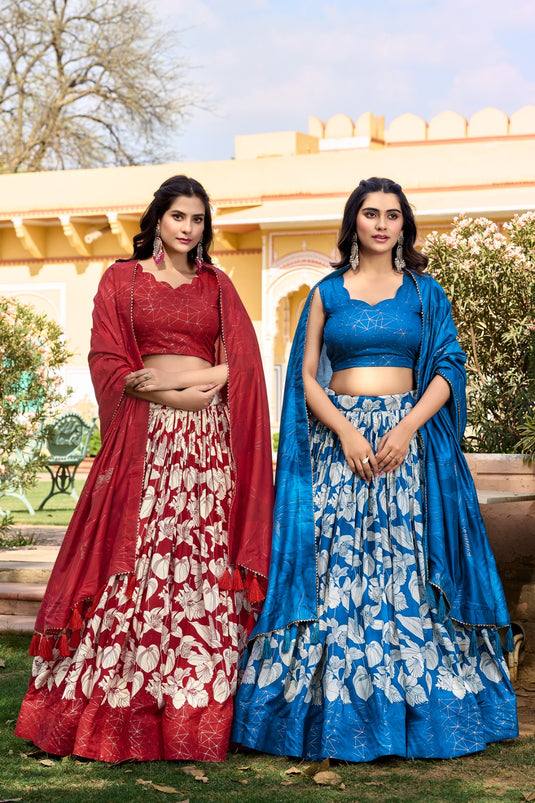 Blue Tussar Silk Floral Print Semi Stitched Lehenga Choli