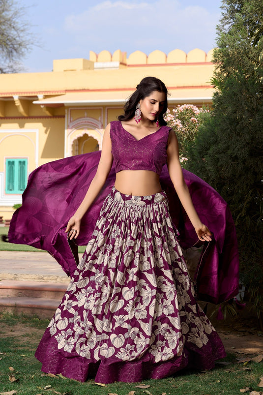 Wine Tussar Silk Floral Print Semi Stitched Lehenga Choli