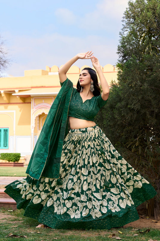 Bottle Green Tussar Silk Floral Print Semi Stitched Lehenga Choli