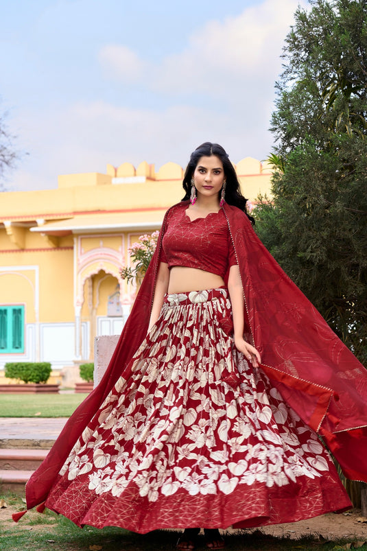 Red Tussar Silk Floral Print Semi Stitched Lehenga Choli