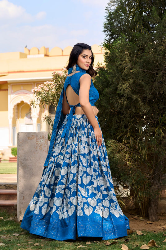 Blue Tussar Silk Floral Print Semi Stitched Lehenga Choli