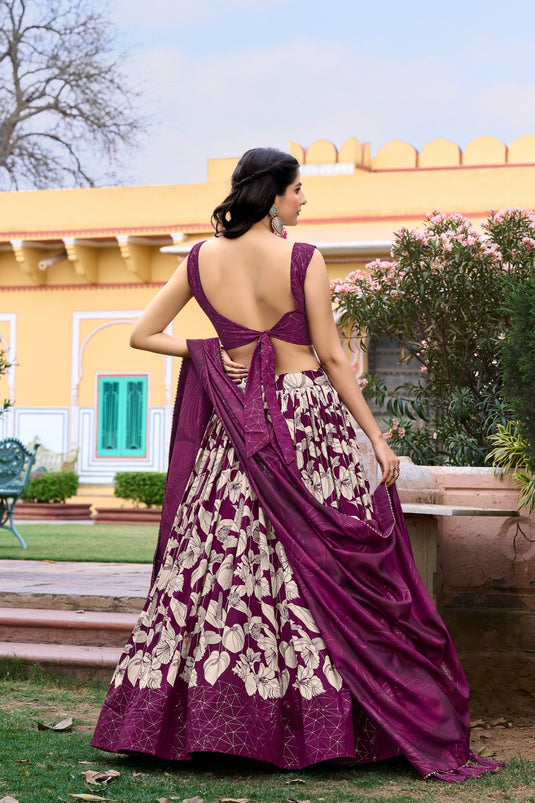 Wine Tussar Silk Floral Print Semi Stitched Lehenga Choli