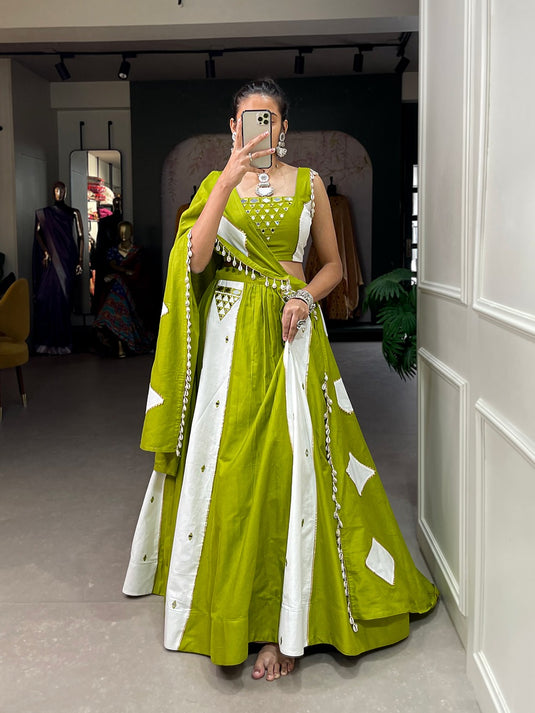 Parrot Green Pure Cotton Mirror Work Fully Stitched Lehenga Choli