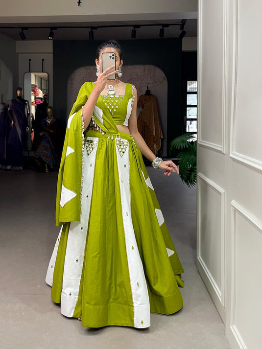 Parrot Green Pure Cotton Mirror Work Fully Stitched Lehenga Choli