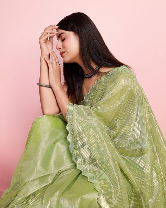 Light Green Twill Net Sequence Embroidered Work Saree