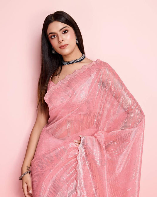 Pink Twill Net Sequence Embroidered Work Saree