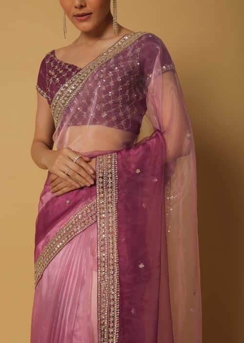 Pink Taby Organza Silk Sequence Embroidered Border Saree