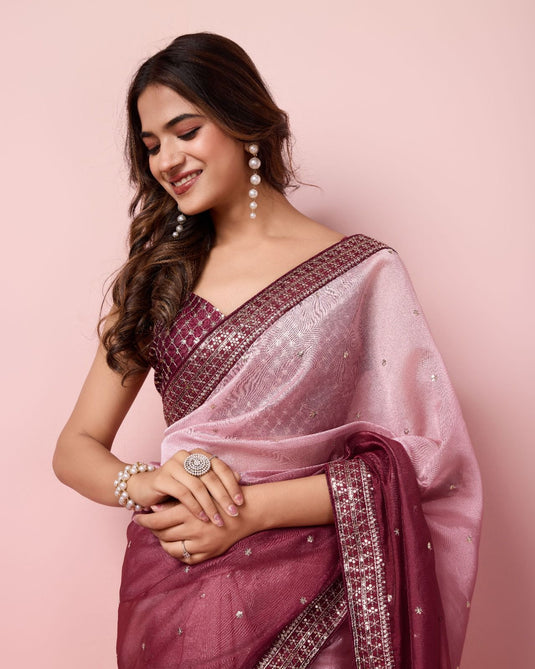 Pink Taby Organza Silk Sequence Embroidered Border Saree