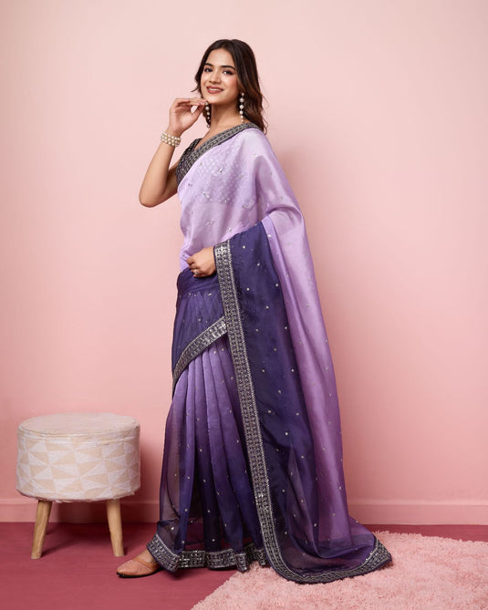 Purple Taby Organza Silk Sequence Embroidered Border Saree