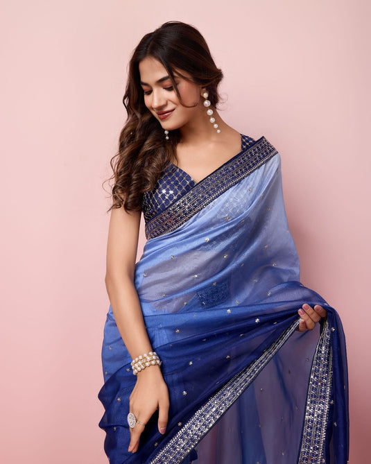 Navy Blue Taby Organza Silk Sequence Embroidered Border Saree